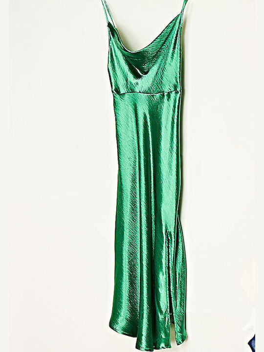 Cocktail Midi Satin Draped Bust Green Dress