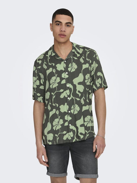 Short-sleeved Cotton Shirt Floral Castor Gray