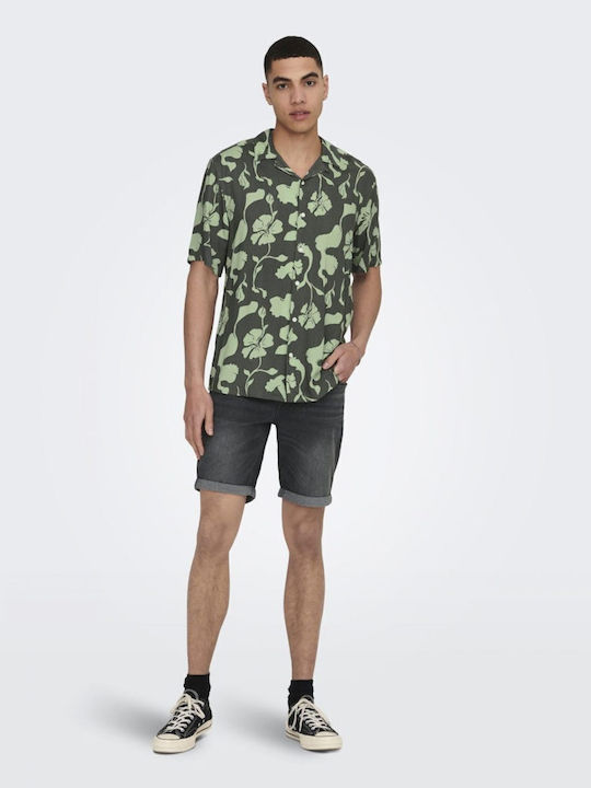 Short-sleeved Cotton Shirt Floral Castor Gray