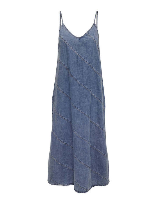 Summer Midi Denim Dress with Ruffles Blue
