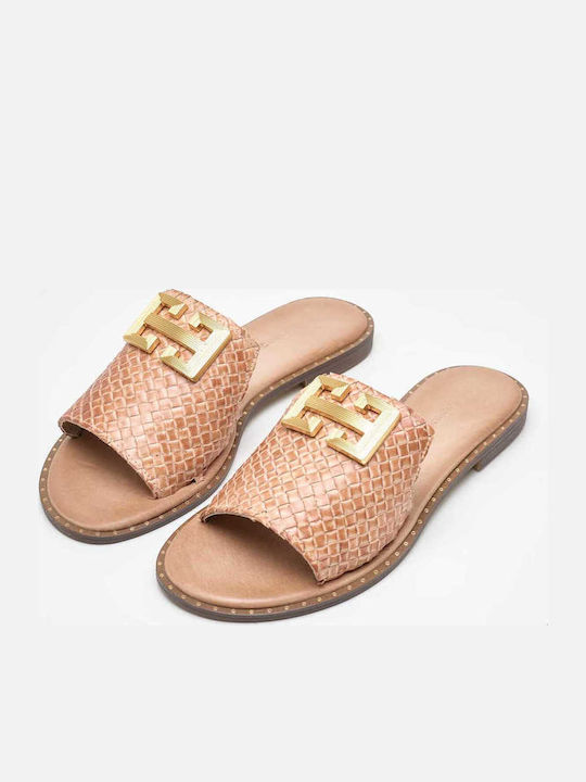 Leather Women's Flat Sandals in Tabac Brown Color