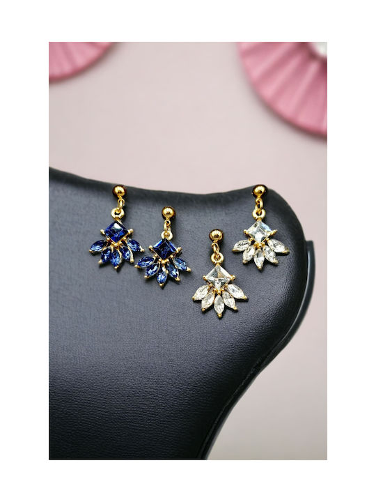 Steel Gold Hanging Earrings Adorned with Dark Blue Zircon Flower