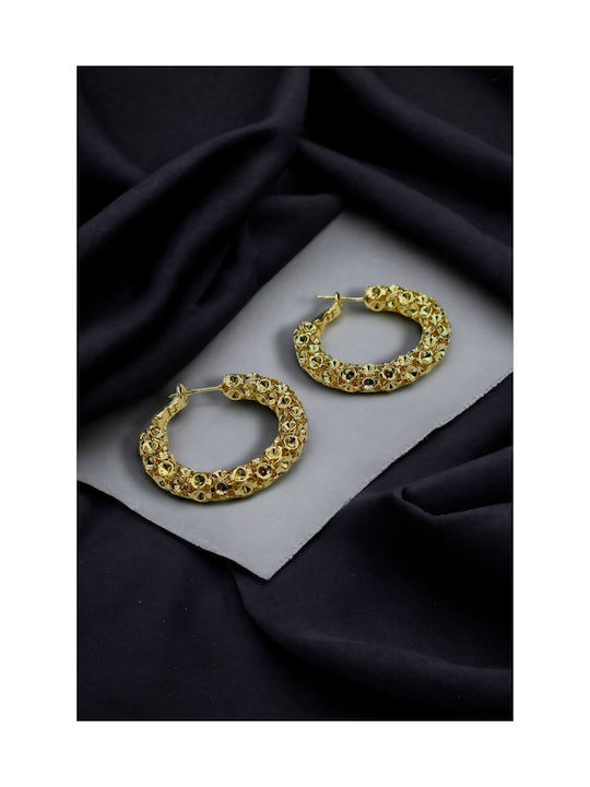 Gold Hoop Earrings with Small Decorated Semi-Circles