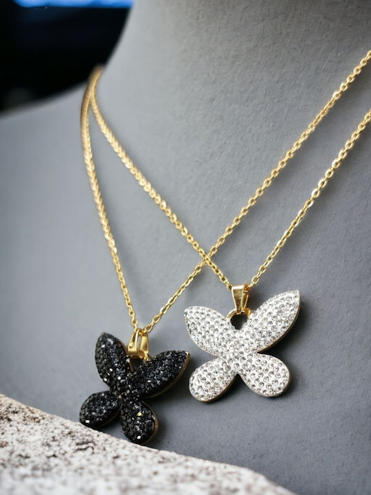 Stahl Gold Schmetterling Schwarzer Strass Halskette