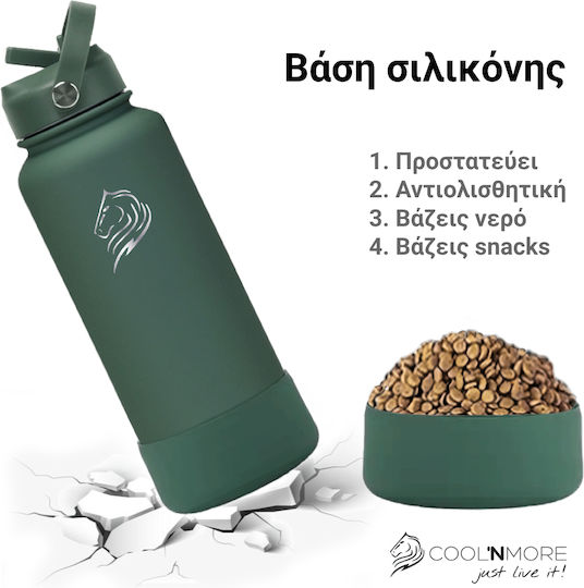 Cool'NMore Stainless Steel Thermos Bottle BPA Free 1lt Moss Green with Straw Mouthpiece Loop and Handle