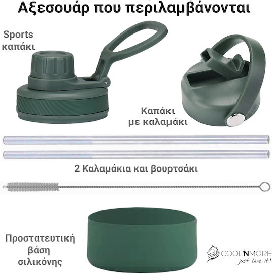 Cool'NMore Stainless Steel Thermos Bottle BPA Free 1lt Moss Green with Straw Mouthpiece Loop and Handle
