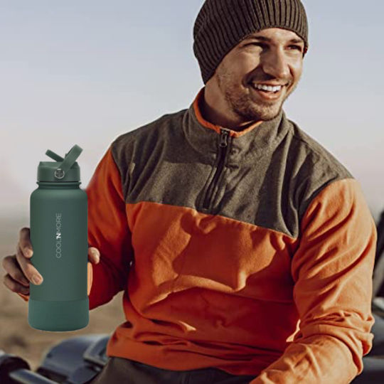 Cool'NMore Stainless Steel Thermos Bottle BPA Free 1lt Moss Green with Straw Mouthpiece Loop and Handle
