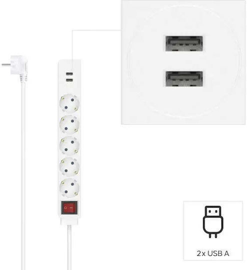 HAMA Πολύπριζο 5 Θέσεων με 2 USB-A και Καλώδιο 1.4m