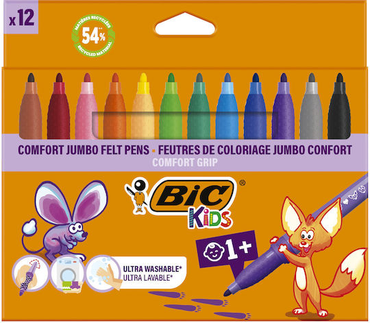 BIC Kids Comfort Grip Μαρκαδόροι Ζωγραφικής Χονδροί, Πλενόμενοι Σετ 12 χρώματα