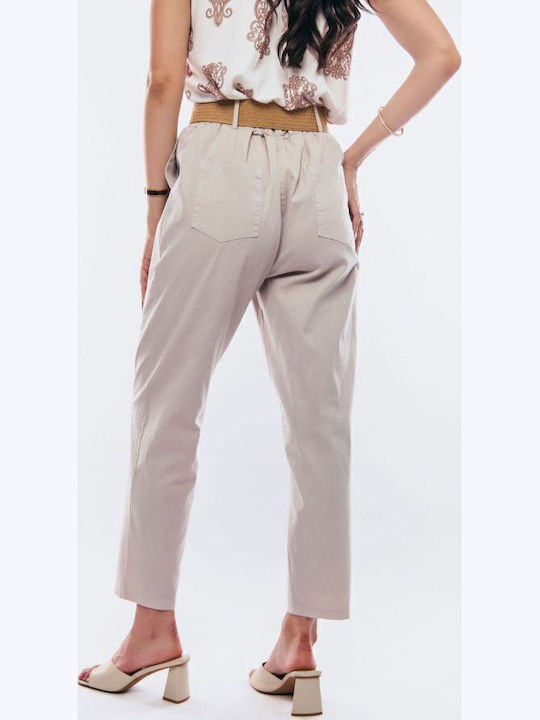 Damen Stoff Hose mit Gummizug Beige