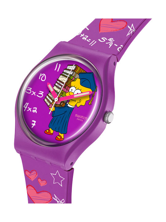 Swatch Unisex Ανδρικό Ρολόι 34mm Μπαταρίας με Μωβ Καουτσούκ Λουράκι