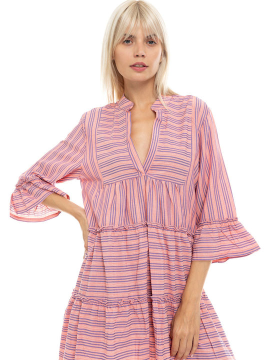 Дамска плажна рокля Pink Label с розови райета, права кройка, от памук