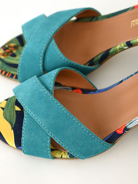 Evangelia Drosi Suede Women's Sandals Turquoise with Medium Heel