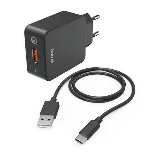 HAMA с USB-A порт и кабел USB-C 19.5W Quick Charge 3.0 Черен (00201625)