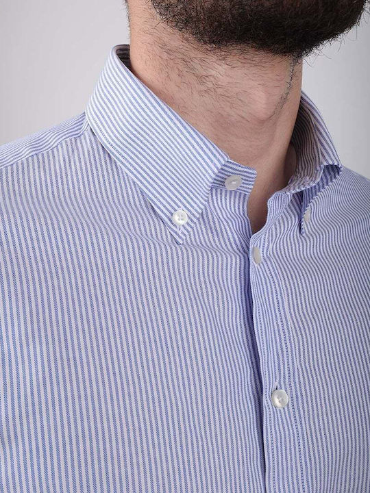 Long-sleeved Cotton Shirt Striped Light Blue