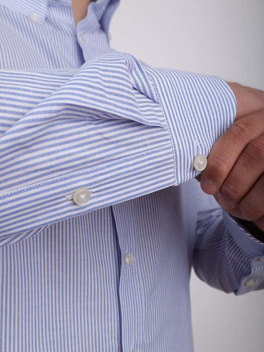 Long-sleeved Cotton Shirt Striped Light Blue