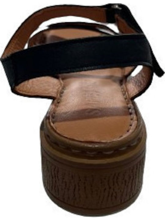 Leder Flache Sandalen für Damen Anatomisch mit Riemen in Schwarz Farbe