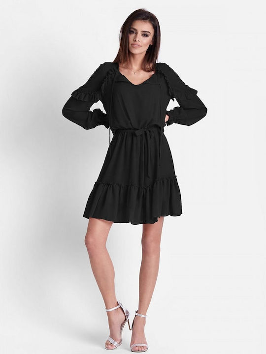 Ivon Summer Mini Evening Dress with Ruffle Black