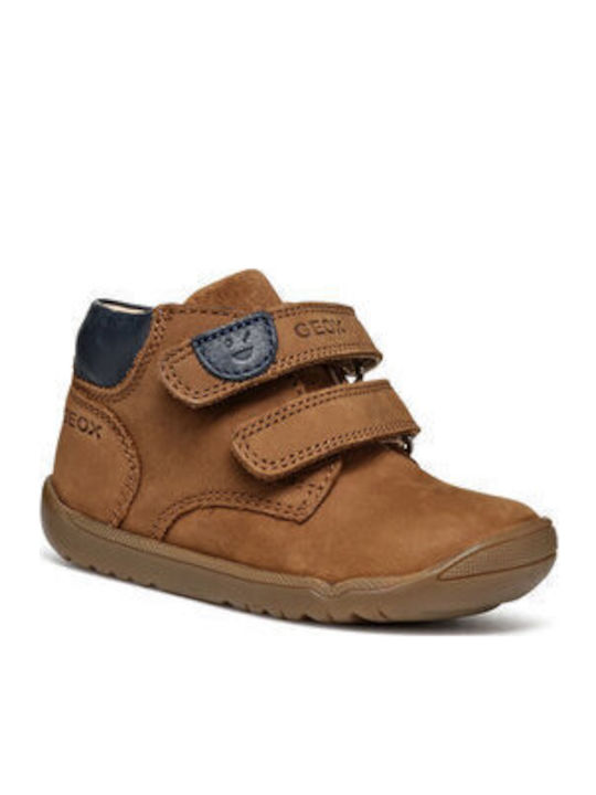B Macchia Leather Kids Boots with Velcro Brown