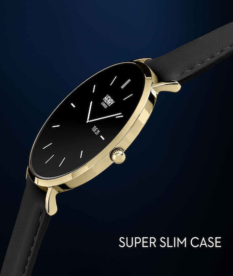 Henry London Smart Неръждаема стомана 43мм Смартчасовник с Пулсомер (Gold & Black Leather)