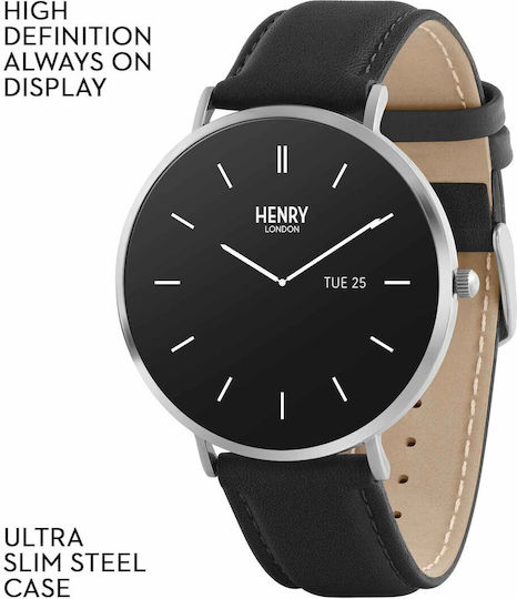 Henry London Smart Stainless Steel 43mm Smartwatch with Heart Rate Monitor (Silver & Black Leather)