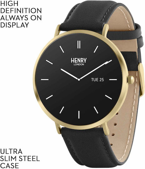 Henry London Smart Неръждаема стомана 43мм Смартчасовник с Пулсомер (Gold & Black Leather)