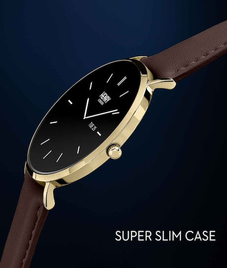 Henry London Smart Stainless Steel 43mm Smartwatch with Heart Rate Monitor (Gold & Chocolate Leather)