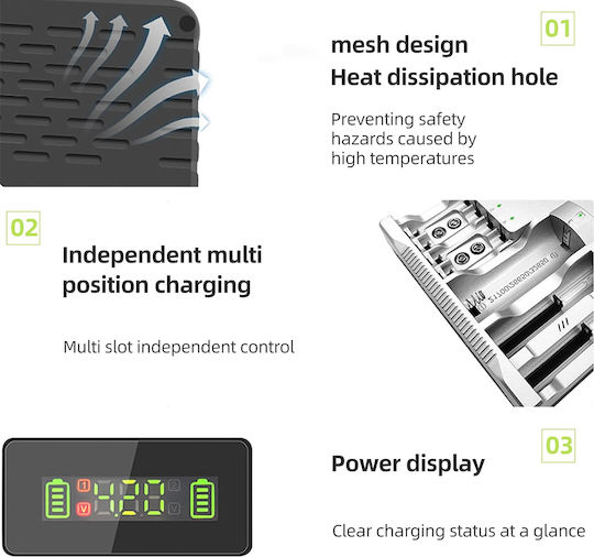 Leewello MS-889 Battery Charger for 4 Batteries Li-ion/Ni-Cd/Ni-MH with Size AA/AAA/18650/21700/16340/26650/14500 in White Color