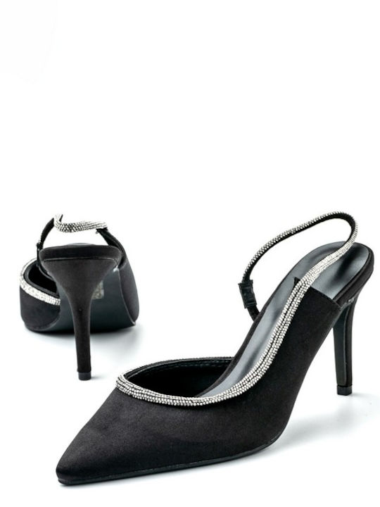 Synthetic Leather Stiletto Black High Heels with Strap
