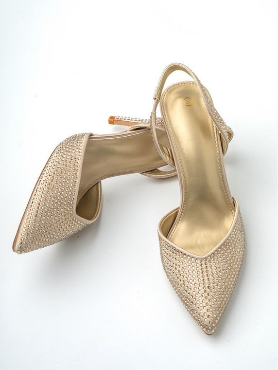 Synthetic Leather Stiletto Gold High Heels with Strap