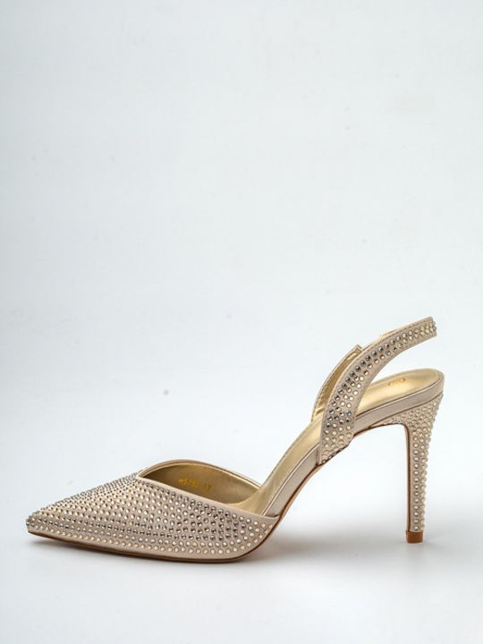 Synthetic Leather Stiletto Gold High Heels with Strap