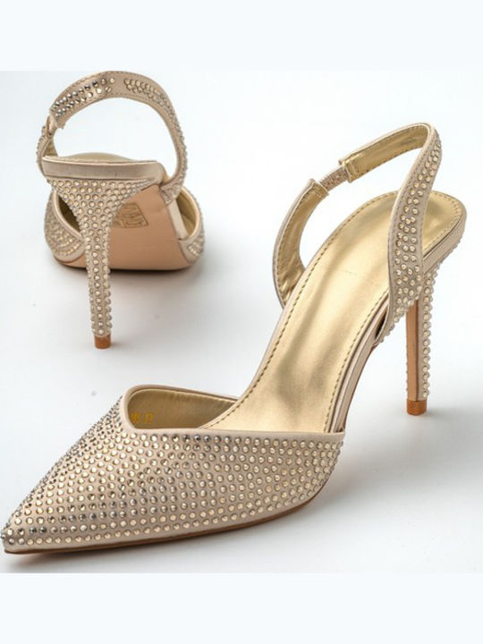 Synthetic Leather Stiletto Gold High Heels with Strap