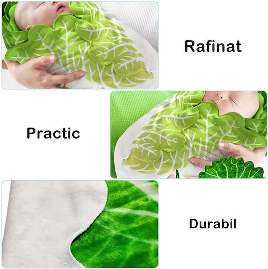 Păturică din flanelă și set cu pălărie Flippy în formă de frunză de salată pentru nou-născuți, material din poliester, 85 cm, verde