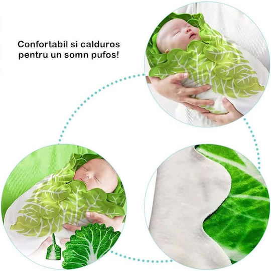 Păturică din flanelă și set cu pălărie Flippy în formă de frunză de salată pentru nou-născuți, material din poliester, 85 cm, verde