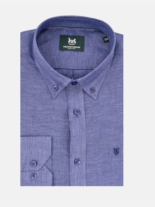 The Bostonians Men's Shirt Long Sleeve Linen Blue