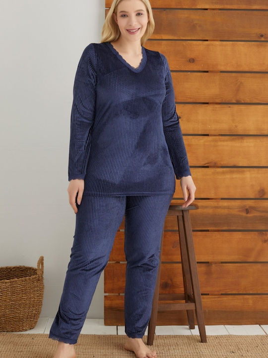 Siyah Inci Winter Women's Pyjama Set Velvet Navy Blue