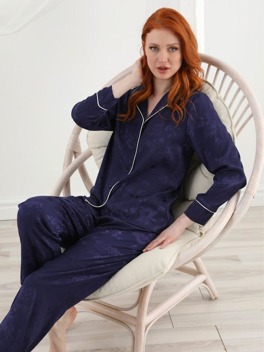 Sevim Winter Damen Pyjama-Set Satin Marineblau