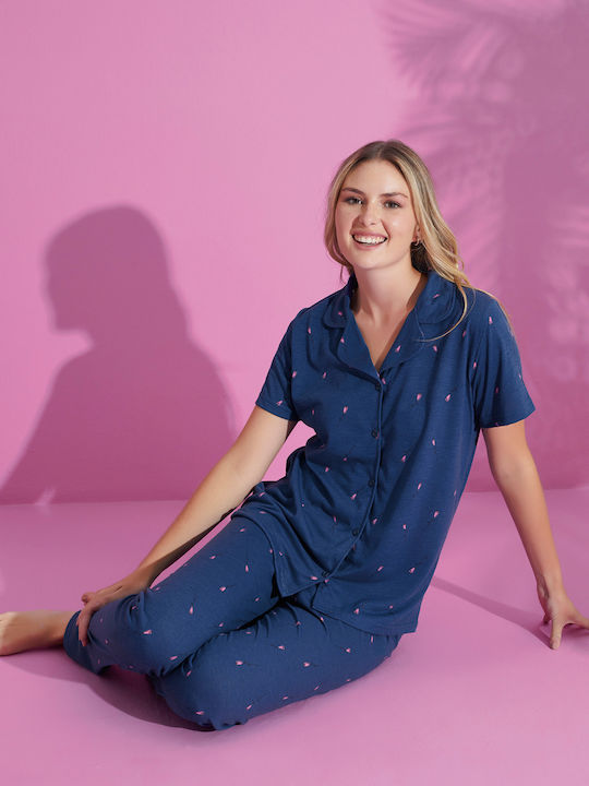 Damenpyjama Pijamood Rosen Viskose Dunkelblau