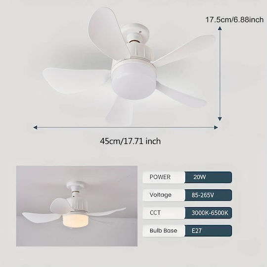 Ceiling Fan 45cm With Light Fixture White