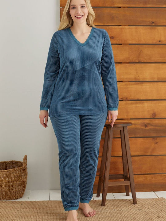 Siyah Inci Winter Women's Pyjama Set Velvet Blue plus size