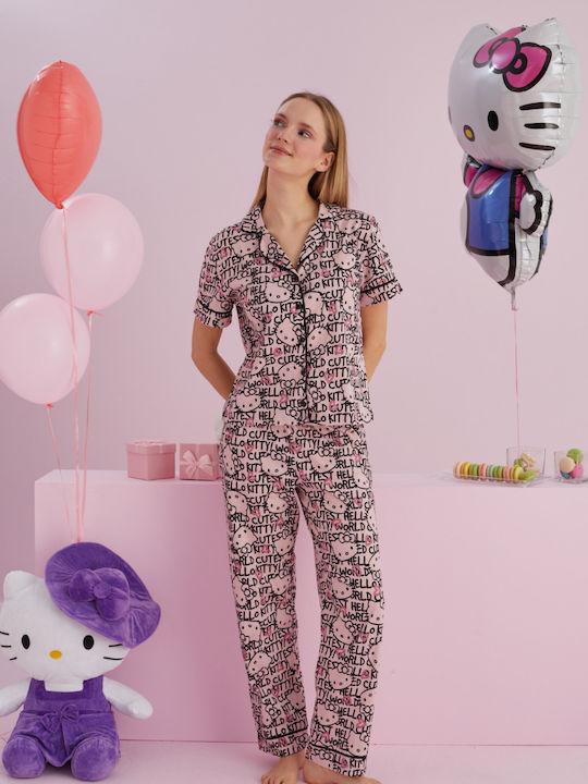 Hello Kitty Καλοκαιρινό Γυναικείο Σετ Πιτζάμας Βαμβακερό Ροζ