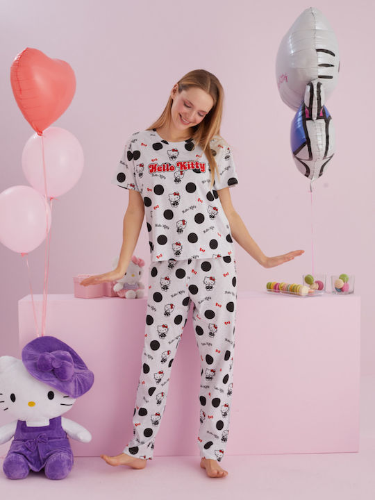 Hello Kitty Καλοκαιρινό Γυναικείο Σετ Πιτζάμας Ανοιχτό Γκρι