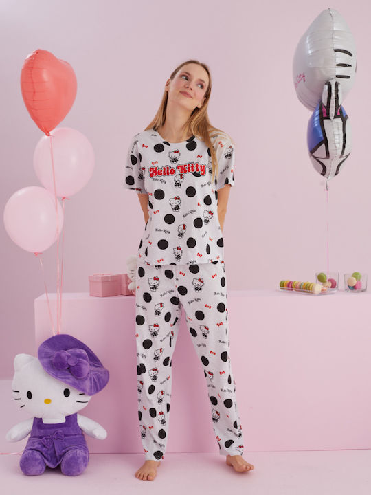 Hello Kitty Καλοκαιρινό Γυναικείο Σετ Πιτζάμας Ανοιχτό Γκρι