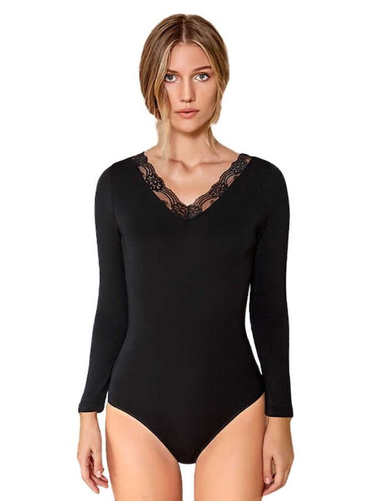 Berrak Lingerie Long Sleeve Bodysuit with Lace Black