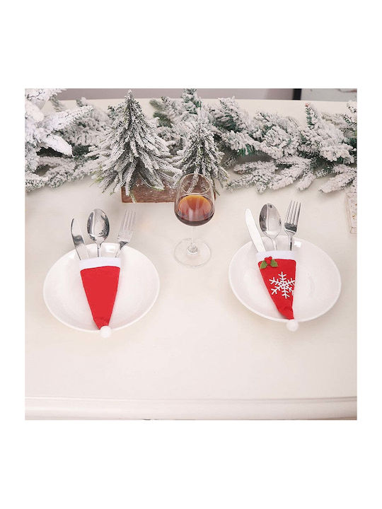 Husă decorativă festivă pentru tacâmuri cu design de pălărie cu fulg de zăpadă, material textil din poliester, 18 x 7 cm, roșu