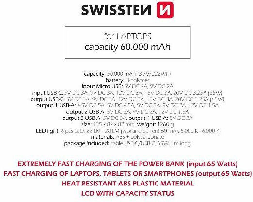 Swissten Power Bank 60000mAh 65W με 2 Θύρες USB-A και 2 Θύρες USB-C Quick Charge 3.0 Μαύρο