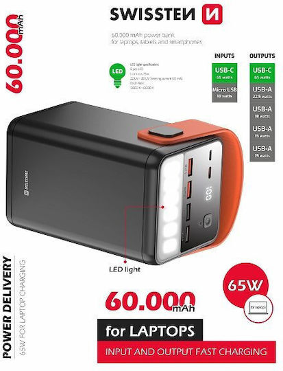Swissten Power Bank 60000mAh 65W με 2 Θύρες USB-A και 2 Θύρες USB-C Quick Charge 3.0 Μαύρο