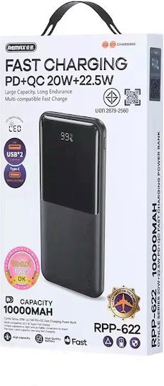 Remax RPP-622 Power Bank 10000mAh с 2 USB-A порта и USB-C порт Power Delivery Черен