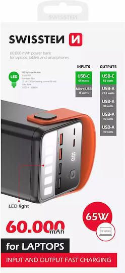 Swissten Power Bank 60000mAh 65W με 2 Θύρες USB-A και 2 Θύρες USB-C Quick Charge 3.0 Μαύρο