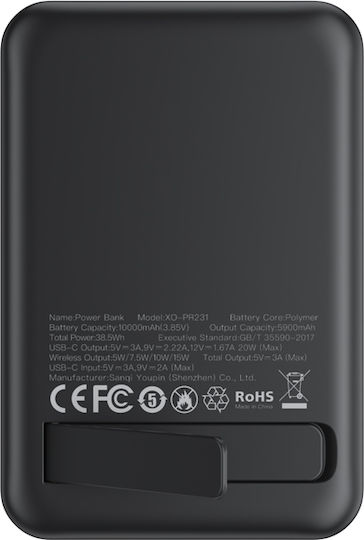 XO PR231 MagSafe Power Bank 10000mAh 15W με Θύρα USB-C Quick Charge 2.0 Μαύρο